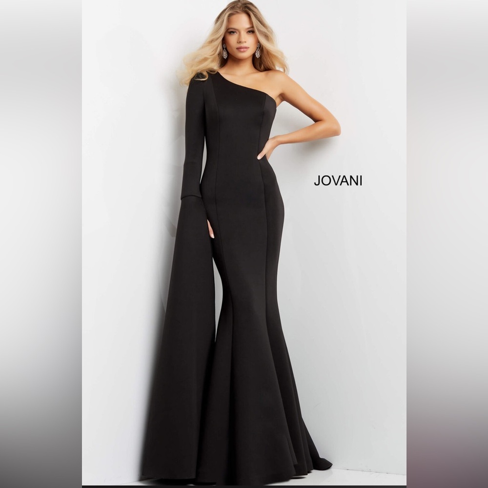 Jovani Black One-Shoulder Mermaid Gown with Dramatic Draped Sleeve